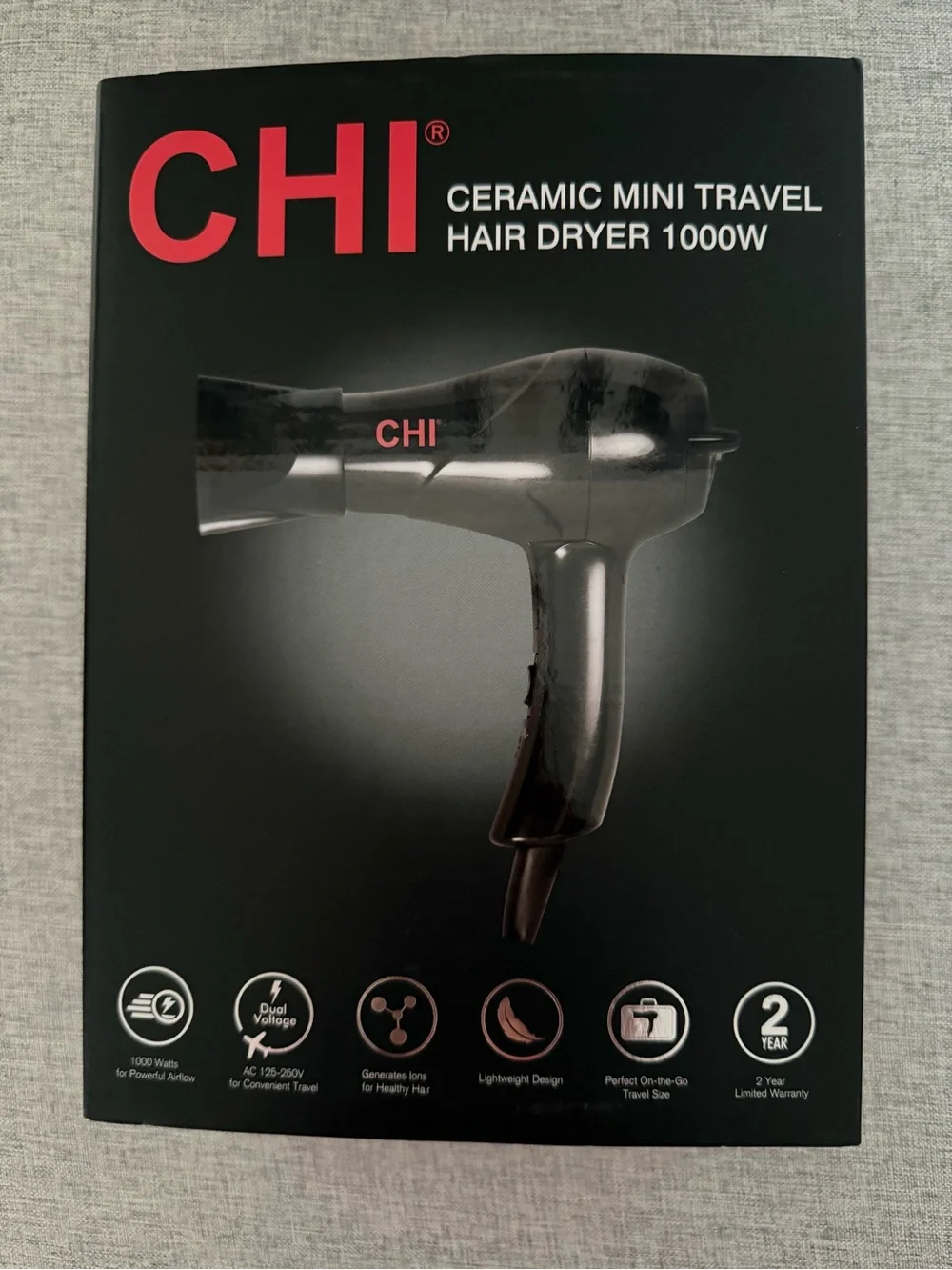 CHI Black Mini Travel Hair Dryer with Diffuser & Concentrator Attachments
